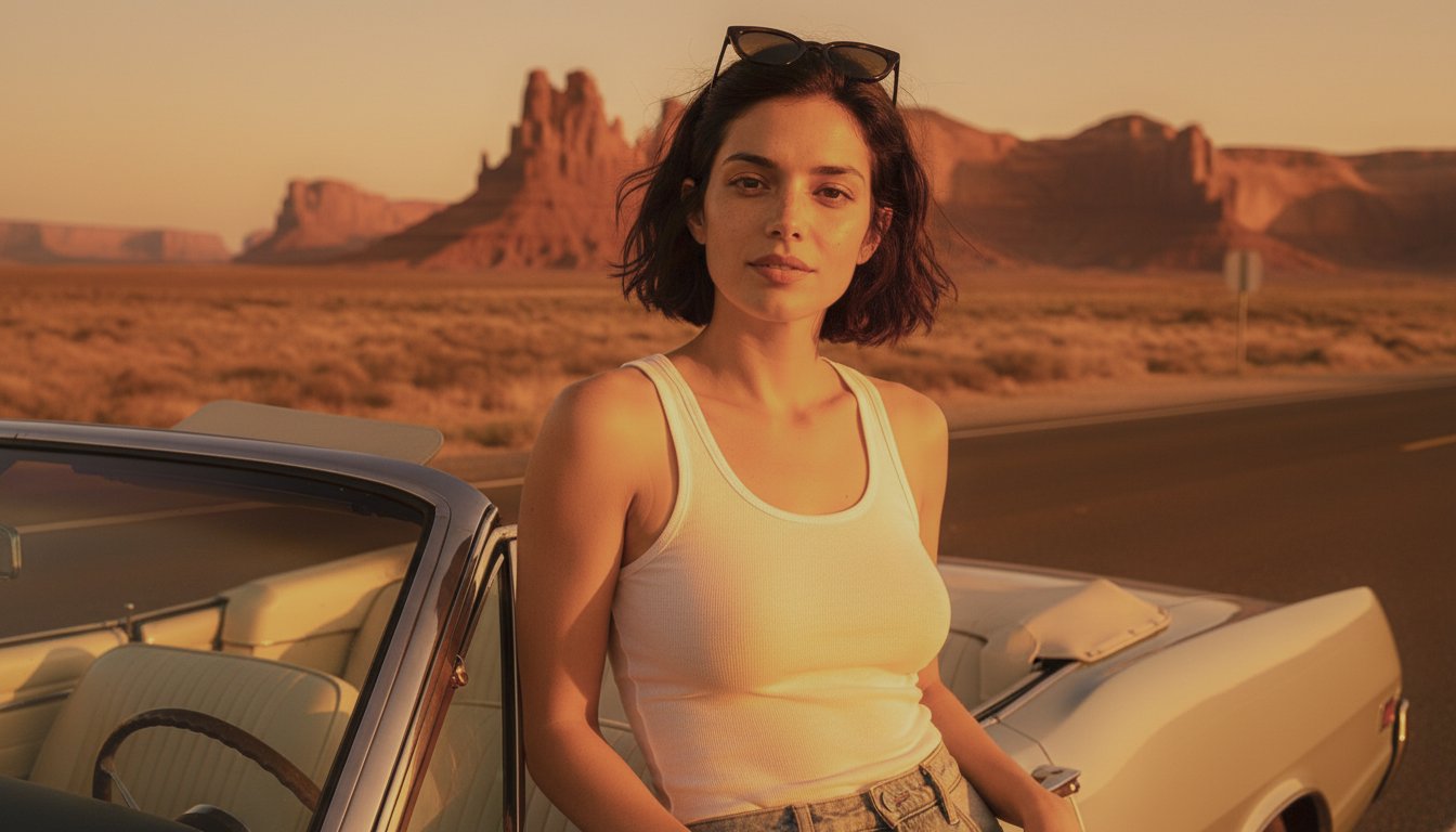 After the grade: Maya by a pale-blue convertible on a desert road, in natural camera colours