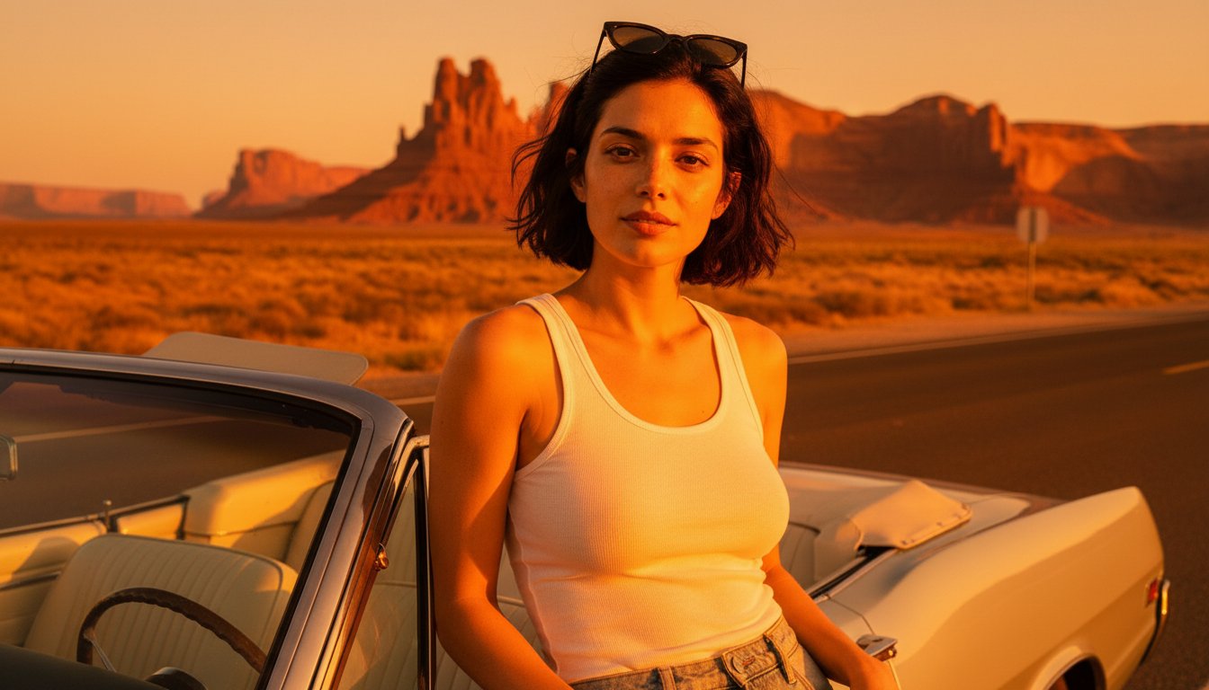Before: the same desert scene with over-saturated, over-polished AI colours