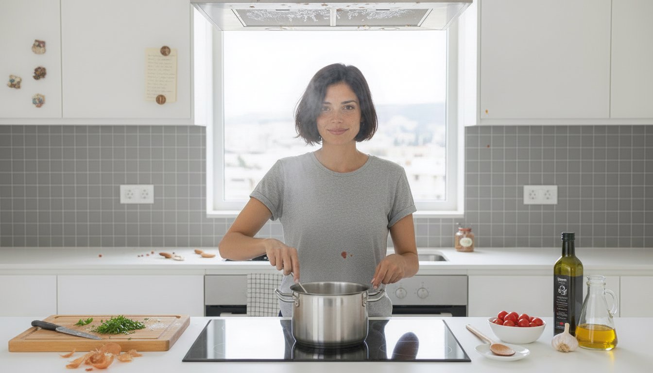 After the realism pass: the same kitchen with herbs, tomatoes, olive oil, a tea towel and everyday mess