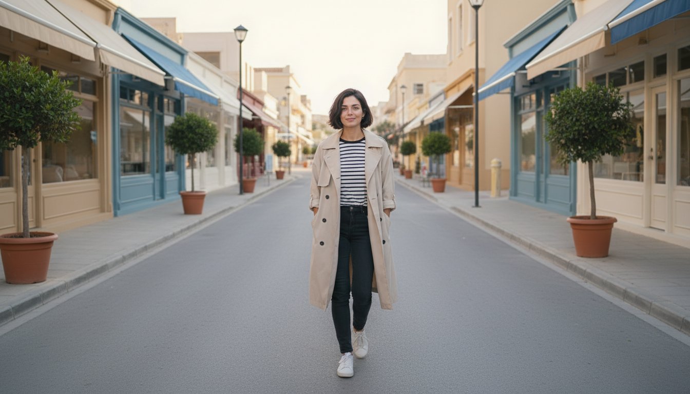 Before: Maya walking down a spotless, empty shopping street, a typical clean AI image