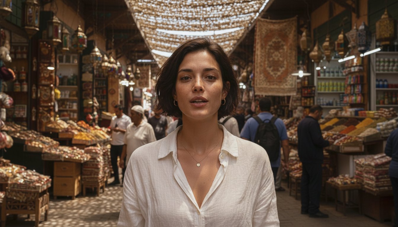 Maya walking between market stalls in a Marrakech souk